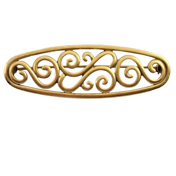 Yves Saint Laurent Goldtone Oval Open Scroll Brooch Bar, Signed - Picture 1 of 7
